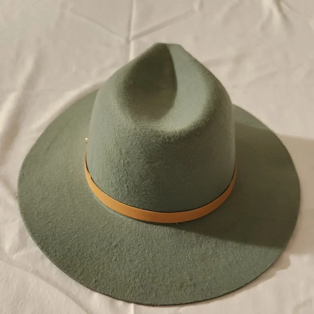 Fedora Hat Sage Green Soft Felt Pinched Crown Wide Brim Unisex Travel Walking